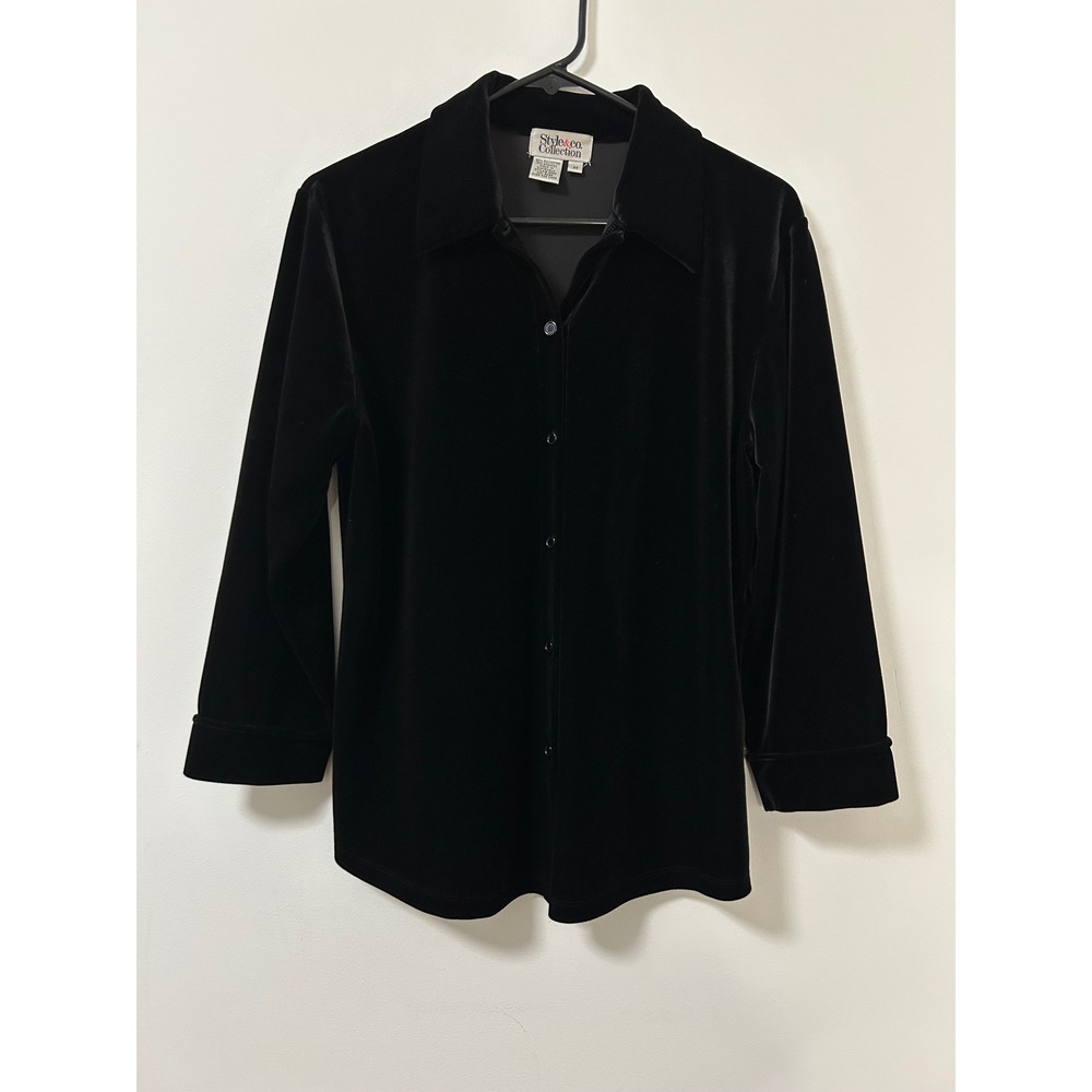 Goth Emo Witchy Stretch Black Velvet Button Up Shirt Long‎ Sleeve Collared Top M
